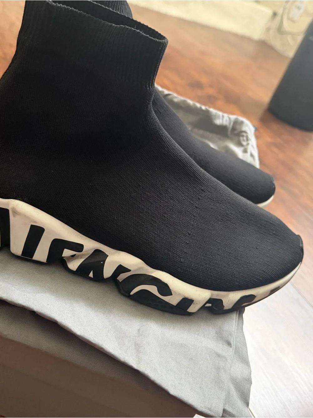 Balenciaga Black Sock Sneaker with White Lettered Sole